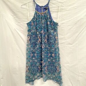 AS U WISH Blue & Green Lace Gold Neck Halter Dress JR Small